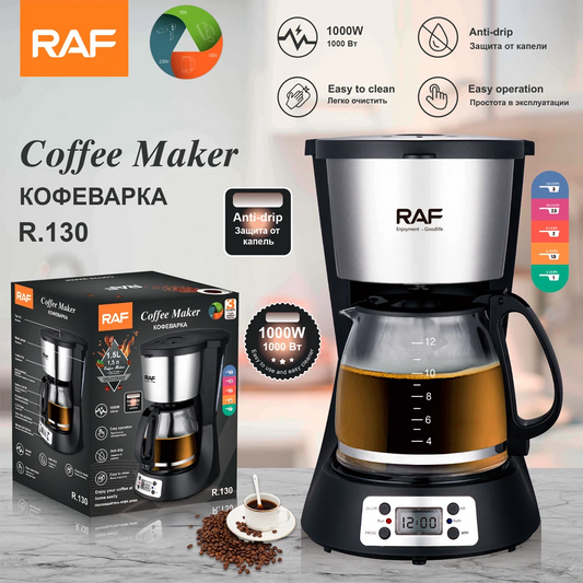 RAF Coffee Maker 1000W | Drip Coffee Machine with 1.5L Water Reservoir & Glass Carafe | Programmable Digital Timer, Auto-Drip & One-Touch Operation for Home & Office