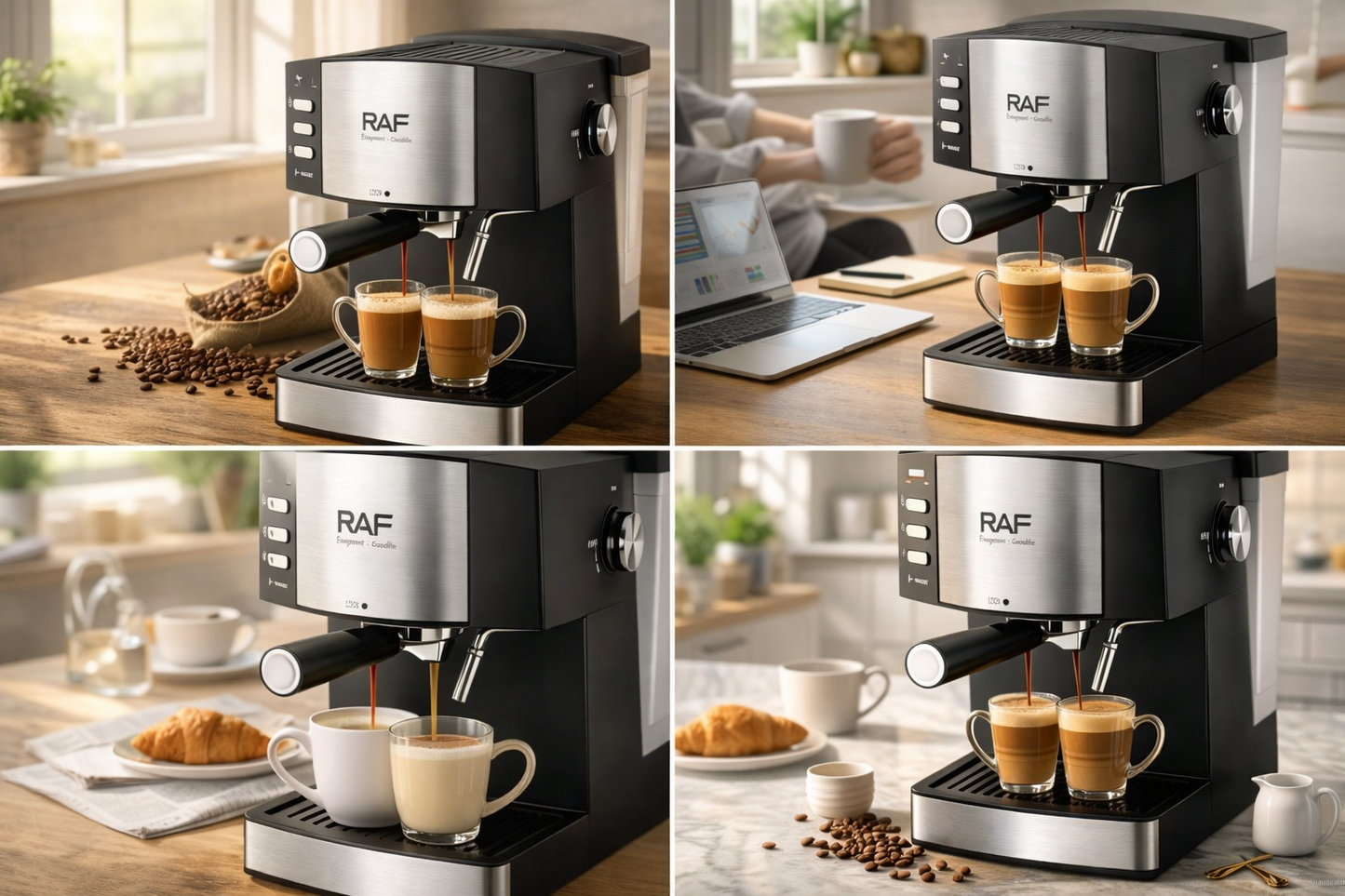 RAF Espresso Coffee Maker 850W | Italian-Style Coffee Machine with 1.6L Water Tank & Milk Frother | Twin Brewing System, Anti-Drip & Reboil Function for Latte, Cappuccino & Espresso