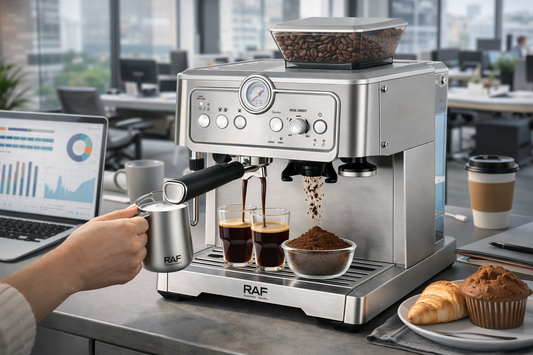 RAF 1350W Espresso Coffee Machine with Grinder & Milk Frother | 2.3L Large Capacity, Twin Brewing Cycle | Professional Barista Coffee Maker for Home & Office