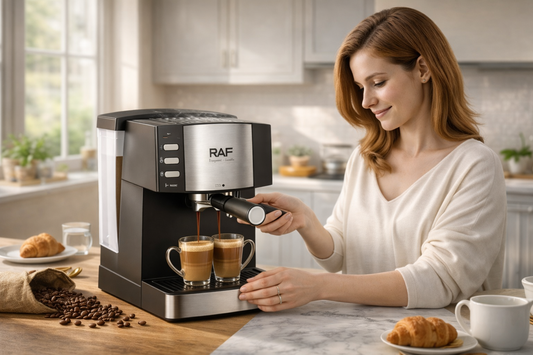 RAF Espresso Coffee Maker 850W | Italian-Style Coffee Machine with 1.6L Water Tank & Milk Frother | Twin Brewing System, Anti-Drip & Reboil Function for Latte, Cappuccino & Espresso