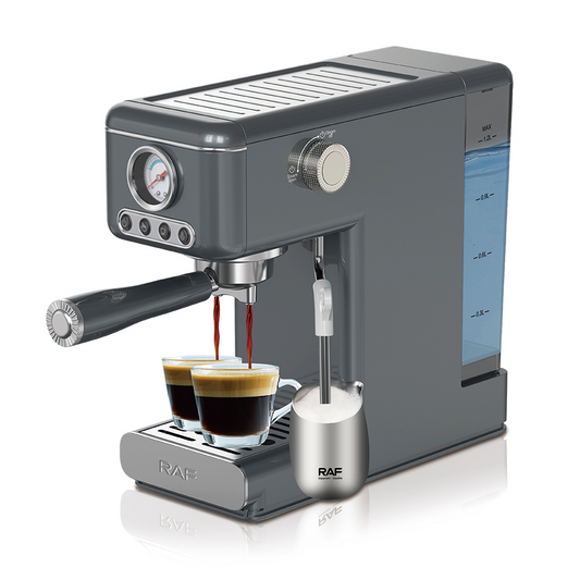 RAF Semi-Automatic Espresso Coffee Machine 1300W | 20 Bar High-Pressure Coffee Maker with Dual Boiler | 1.2L Water Tank, Steam Wand Milk Frother & Pressure Gauge